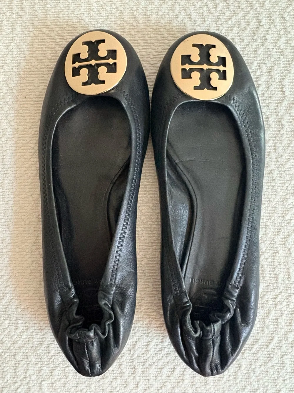 Tory Burch Black Leather Logo Round-Toe Ballet Flats